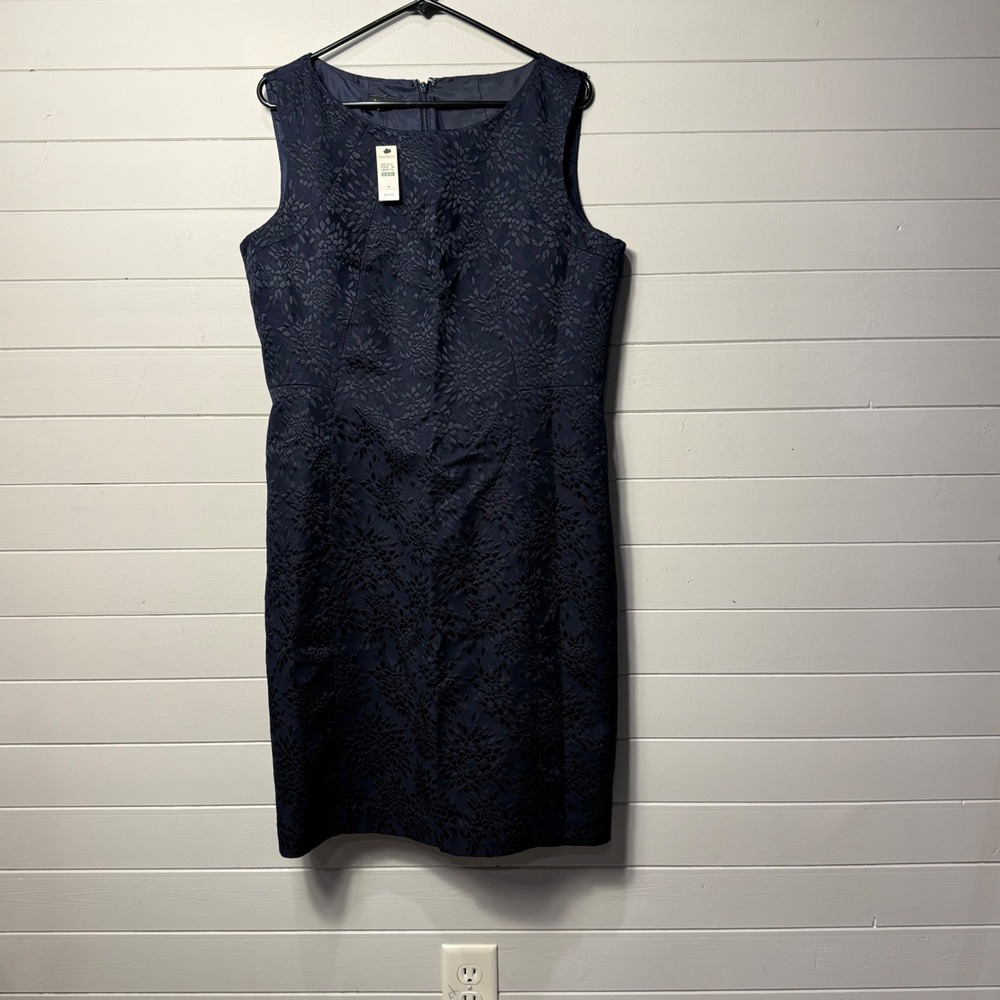Talbots Floral Jacquard Sheath Dress Womens 14 Navy Blue Sleeveless Cocktail NWT